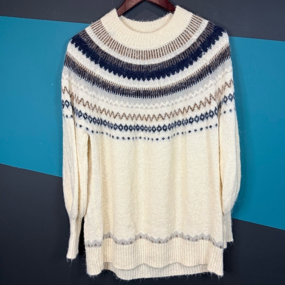 J Crew Fair Isle Yoke Puff-Sleeve Sweater BD152 Ivory Navy Womens M